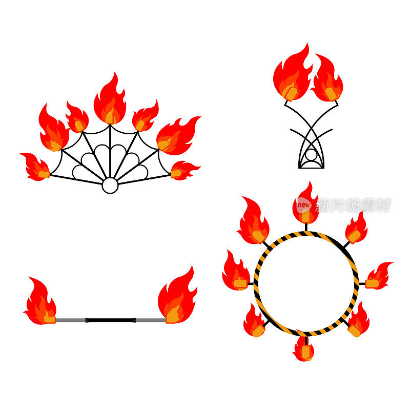 Flat design elements of fire show. Set with accessories and equipment. Flame circus Instrument isolated. devices. Fans, stuff and poi